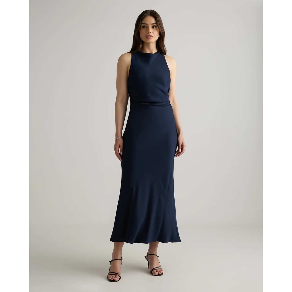 Quince Washable Stretch Silk High Neck Midi Dress Navy Blue Medium NWT